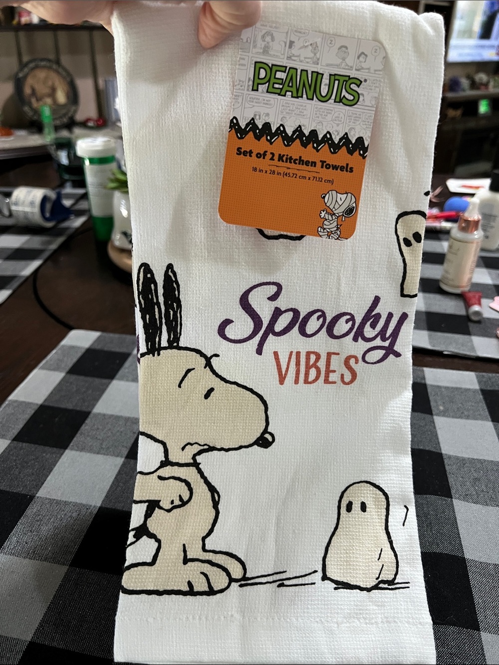 New Peanuts White Kitchen Towel with Purple & Orange 'Spooky Vibes' Design
